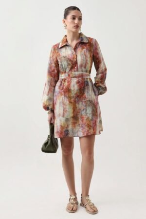 Rareism Women's Elbon Multi Polyester Collared Neck A-Line Printed Dress