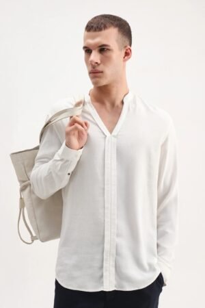 Rare Rabbit Men's Kurto 25 White Linen Blend Plain Regular Fit Full Sleeve Mandarin Collar Shirt