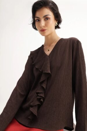 Rareism Women's Nemti-Brown Viscose Ruffled Neck Regular Fit Plain Top